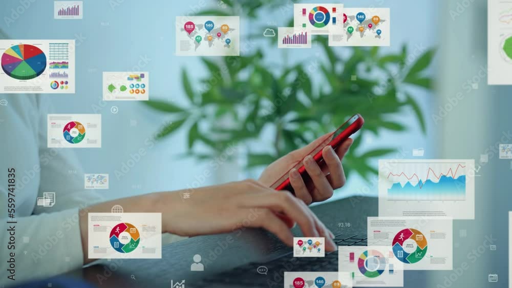 Poster PC and smartphone user and Digital documents concept. Digital transformation. Information communication technology.