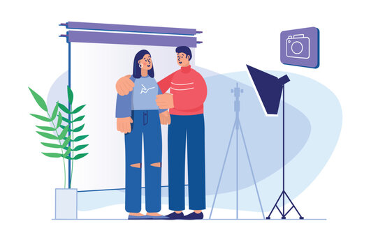 Photo studio concept with people scene. Man and woman models posing for photo shoot in professional studio with spotlight and backdrop. Illustration with character in flat design for web banner