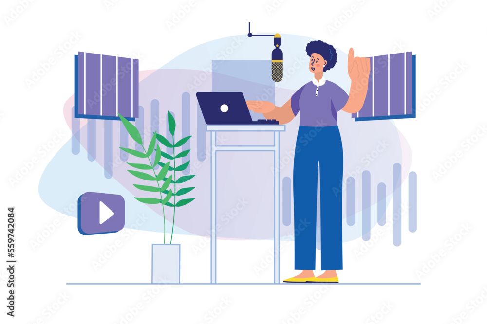 Poster podcast streaming concept with people scene. woman host makes live broadcast, speaks into microphone