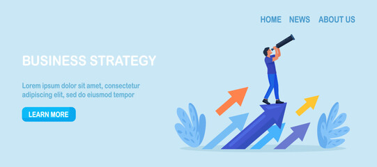 Successful entrepreneur standing on arrows and looking with telescope for new opportunities. New business, start up. Strategy for success, achievement. Business development plan for improvement