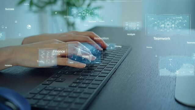 パソコンを使う女性とデジタルイメージ