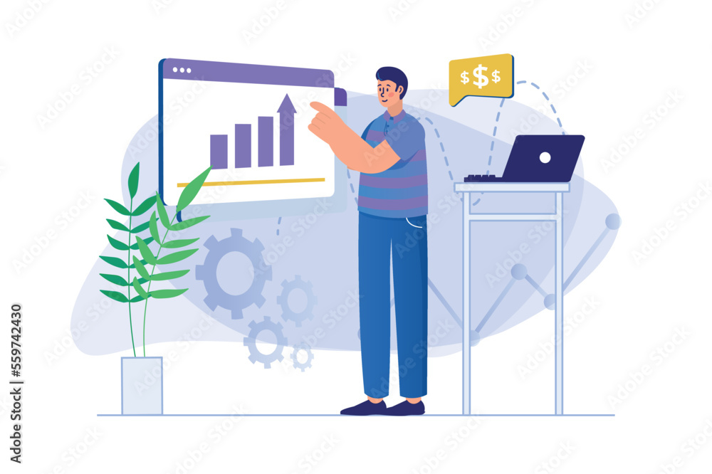 Aufkleber sales performance concept with people scene. man consultant analyzes chart, makes accounting and fix