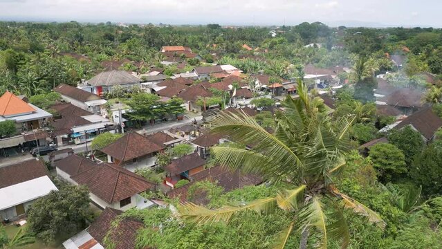 Drone view of Indonesian housing and road in Batubulan, Gianyar, Bali