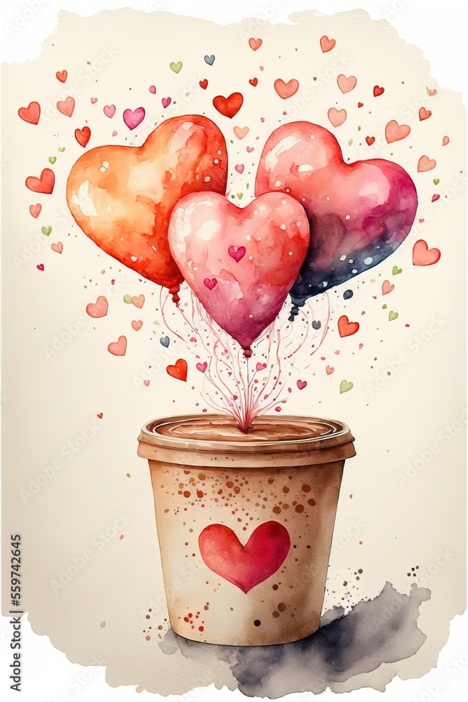 Aufkleber a pot with hearts floating out of it and a cup with watercolor hearts floating out of it on a white 