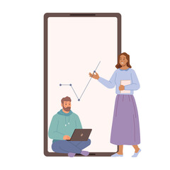 Woman showing display of smartphone screen of data charts, man working on laptop. Small characters use phone, shows screen with growing diagram, vector flat cartoon characters