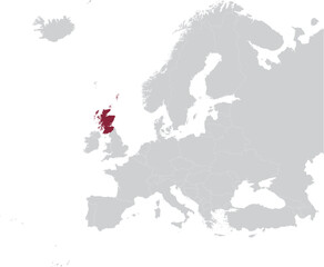 Maroon Map of Scotland within gray map of European continent