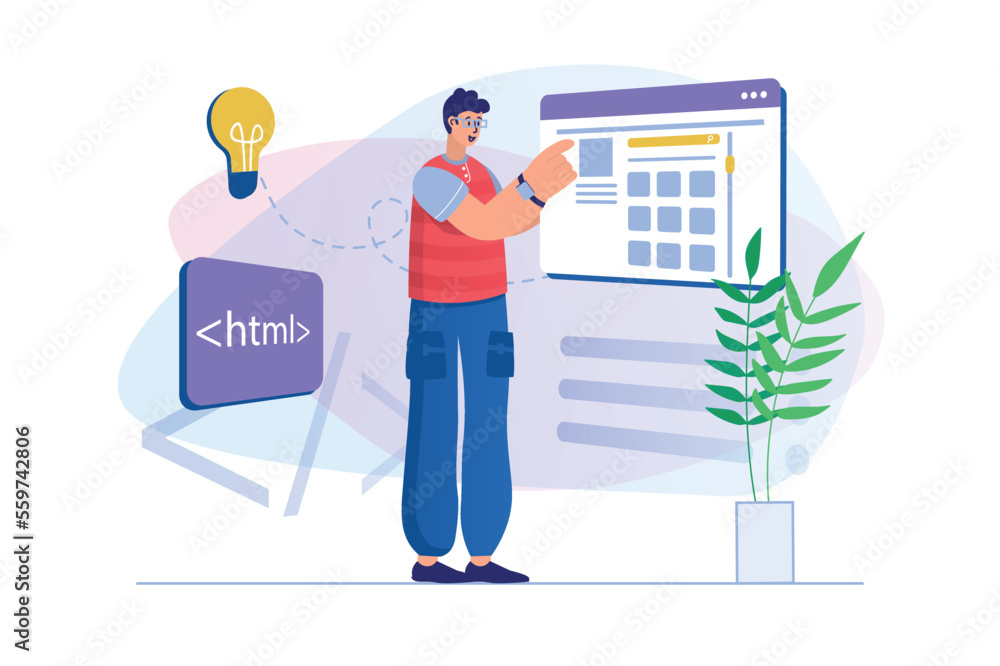 Poster web design concept with people scene. man designer creates website layout, generates creative ideas,