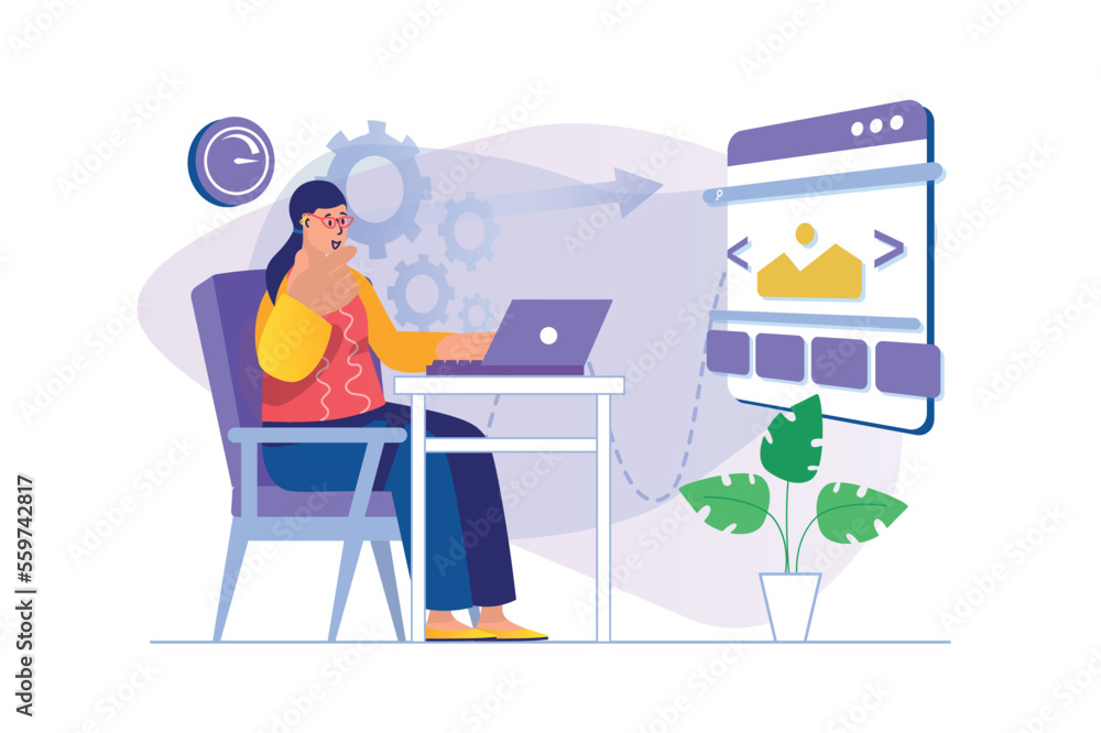 Poster web design concept with people scene. woman designer creates and programming website layout, optimiz