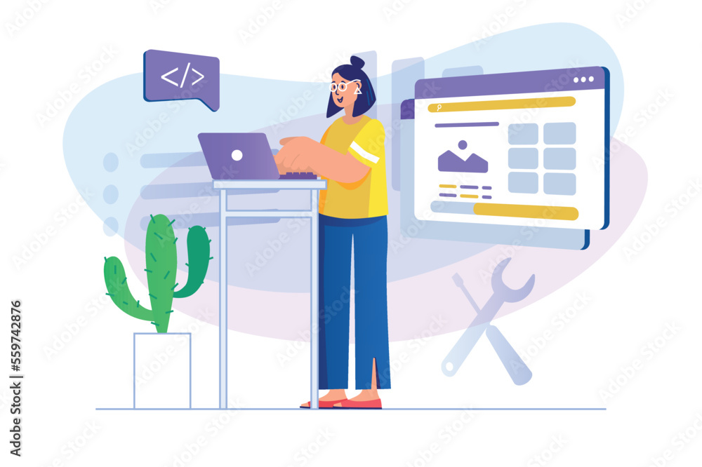 Fototapete web design concept with people scene. woman designer creates graphic content and programming website