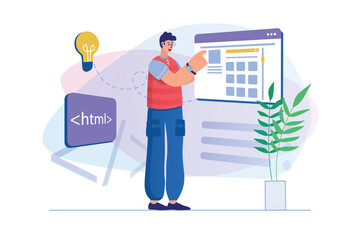 Web design concept with people scene. Man designer creates website layout, generates creative ideas, optimizes page, html programming. Illustration with character in flat design for web banner