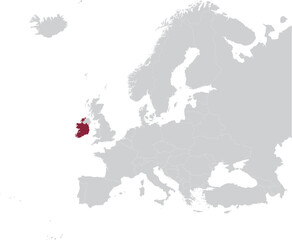Maroon Map of Republic of Ireland within gray map of European continent