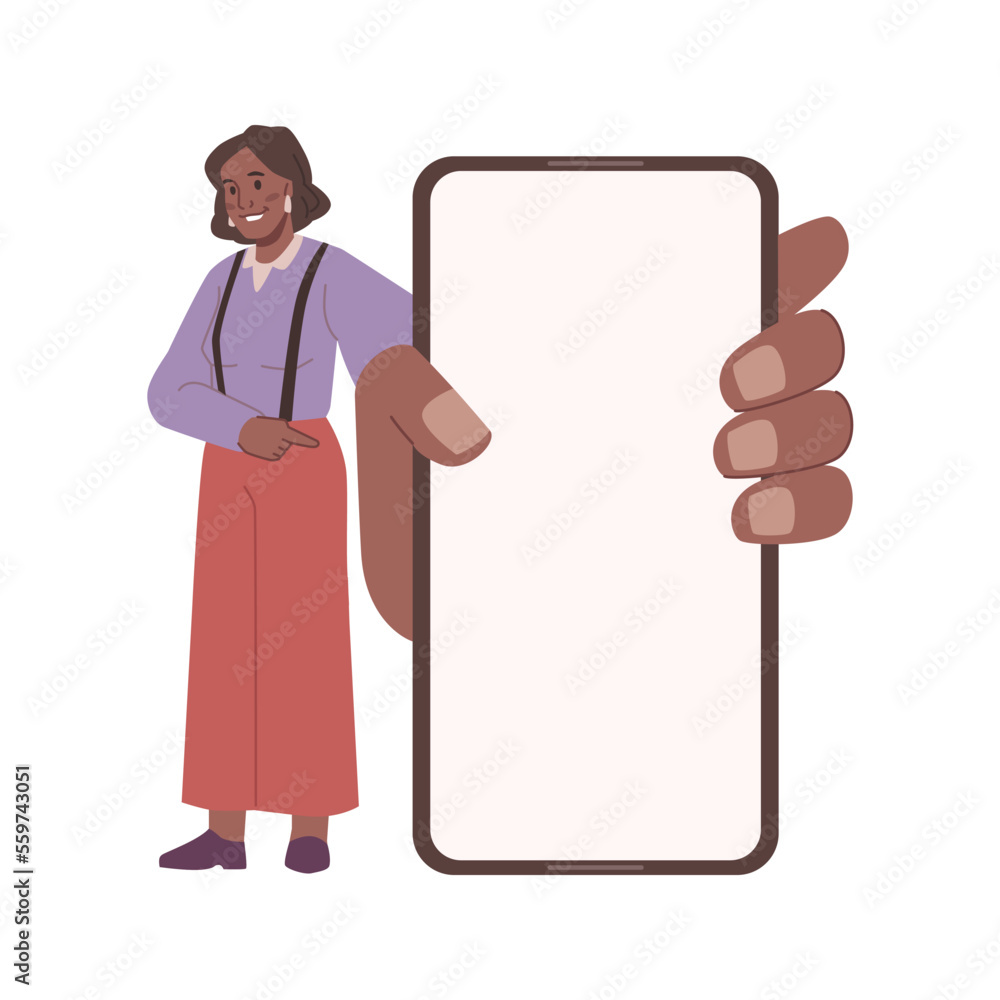 Poster female shows empty display on mobile smartphone, flat cartoon character vector illustration. vector 