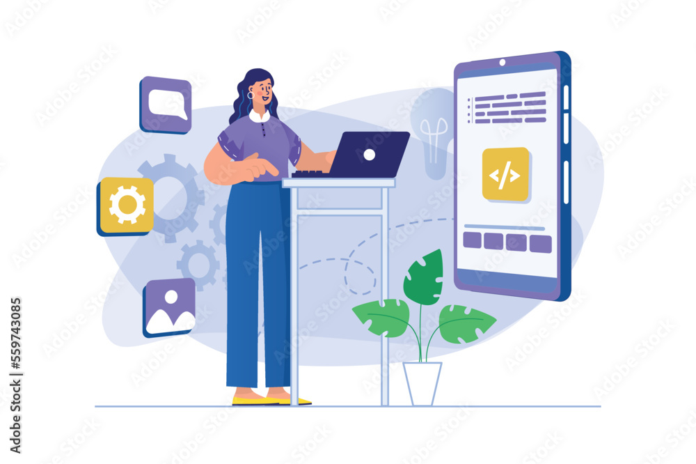 Poster app development concept with people scene. woman designer settings and optimizes of application ui l