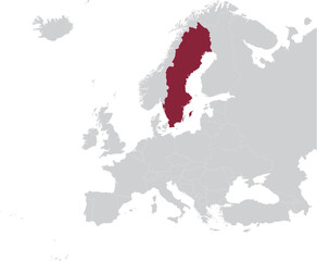 Maroon Map of Sweden within gray map of European continent