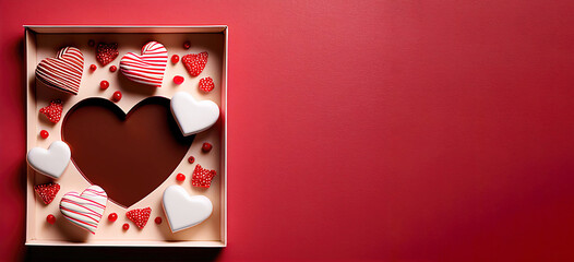Box filled with heart shaped chocolate pralines as Valentines Day gift (Generative AI) - obrazy, fototapety, plakaty