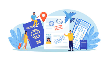 Travel abroad. International vacation, emigration procedure. Opened passport with valid visa stamps, airline ticket. People getting document for leaving country. Vacation trip offer. Journey, tourism