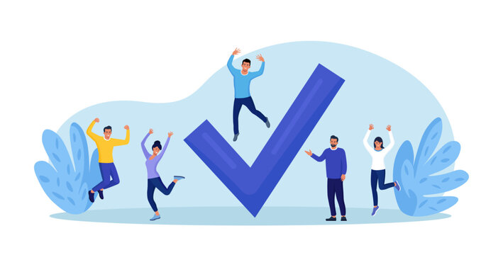 Happy employee people celebrating completed task near big check mark. Goals accomplished. Achieving personal, business goals. Plan fulfilled, mission finished. Successful execution of business tasks