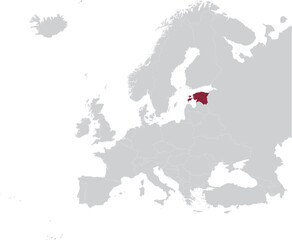 Maroon Map of Estonia within gray map of European continent
