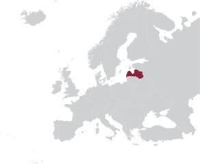 Maroon Map of Latvia within gray map of European continent