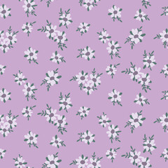 Seamless floral pattern, cute flower print with mini hand drawn plants. Romantic ditsy surface design with small flowers, tiny leaves on a gentle lilac background. Vector illustration.