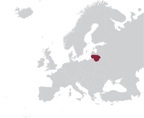 Maroon Map of Lithuania within gray map of European continent