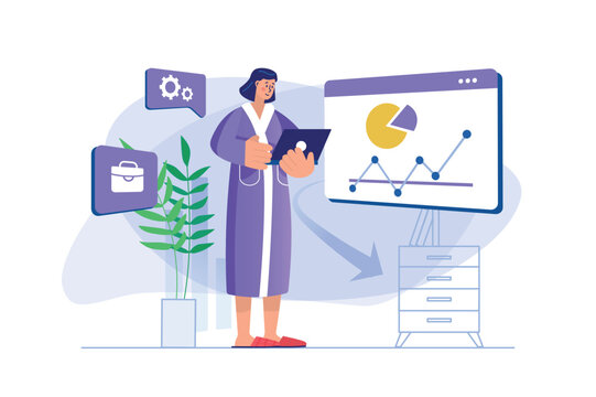 Freelance working concept with people scene. Woman freelancer analyzes data and prepares financial report, doing tasks in home office. Illustration with character in flat design for web banner