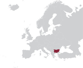 Obraz premium Maroon Map of Bulgaria within gray map of European continent