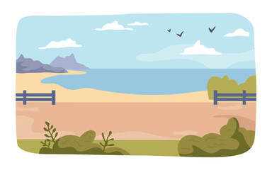 Naklejka premium Seascape landscape with mountain range and bushes, travel to sea. Nature scene with flying birds and clear sky. Summer vacation spot, natural view. Vector in flat style