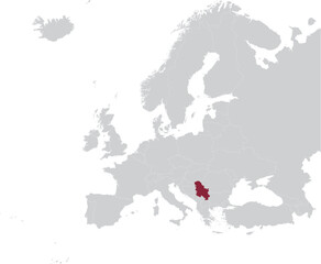 Maroon Map of Serbia within gray map of European continent