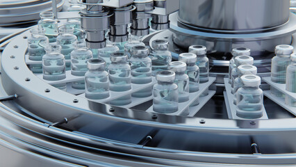 Close up 3d render. Vaccine manufacturing, machine puts caps on bottles vials passing on conveyor belt. Clear blue liquid.