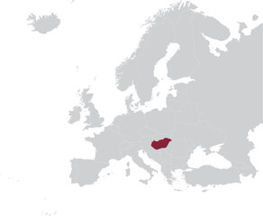 Maroon Map of Hungary within gray map of European continent