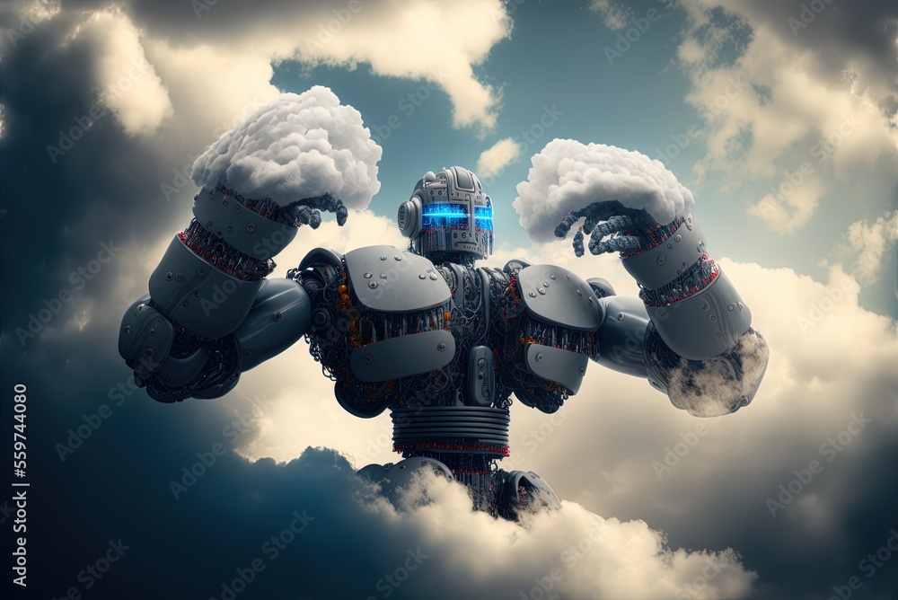 Poster robotic arms and artificial intelligence cloud idea. generative ai