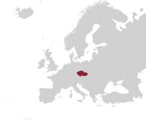 Maroon Map of Czech Republic within gray map of European continent