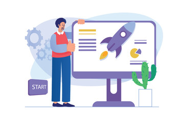 Business startup concept with people scene. Businessman launches new project, presents new campaign, attracts investments and partners. Illustration with character in flat design for web banner