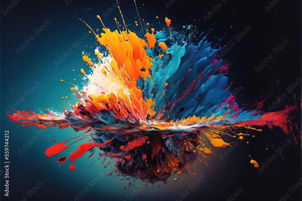 Poster a colorful object is flying through the air with paint splatters on it's surface and a black backgro