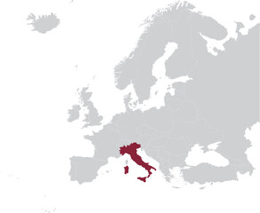 Maroon Map of Italy within gray map of European continent