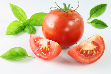 pomidor na białym tle, tomato and basil on a white background,