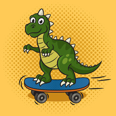 cartoon dinosaur riding skateboard pinup pop art retro raster illustration. Comic book style imitation.