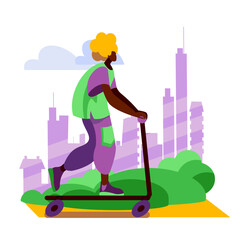 A girl with curly hair rides a scooter against the backdrop of skyscrapers. Vector illustration in a flat style.