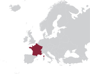 Maroon Map of France within gray map of European continent
