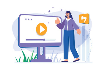 Video marketing concept with people scene. Woman makes advertising campaign, creating and sharing promo video content at her blog. Illustration with character in flat design for web banner