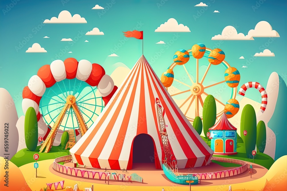 Poster scene from an amusement park, including a ringside view of some of the park' summertime fun on the o