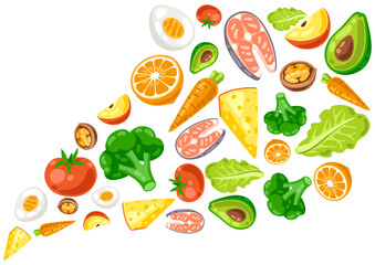 Background with healthy eating and diet meal. Fruits, vegetables and proteins for proper nutrition.