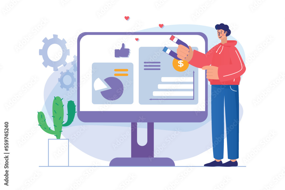 Poster digital marketing concept with people scene. man develops strategy for promoting in social networks,