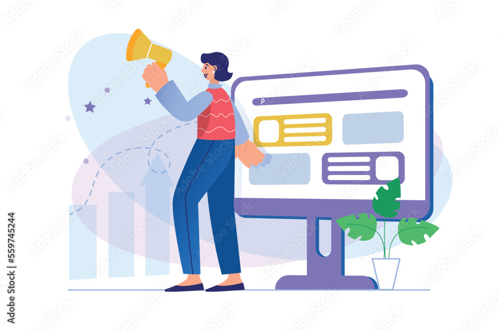 Poster digital marketing concept with people scene. woman develops strategy for promoting in social network