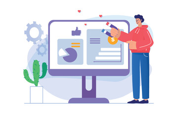 Digital marketing concept with people scene. Man develops strategy for promoting in social networks, analyzes data and creates content. Illustration with character in flat design for web banner