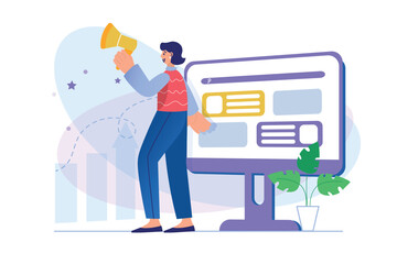 Digital marketing concept with people scene. Woman develops strategy for promoting in social networks and analyzes statistics. Illustration with character in flat design for web banner