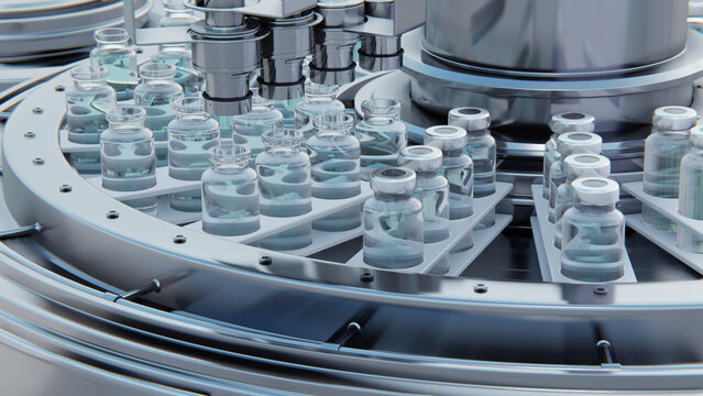 Close Up 3d Render. Vaccine Manufacturing, Machine Puts Caps On Bottles Vials Passing On Conveyor Belt. Clear Blue Liquid.