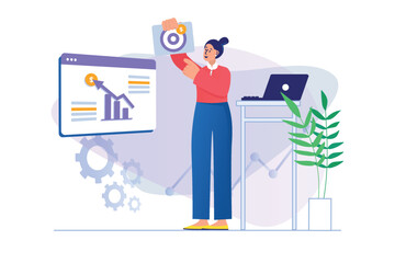 Business target concept with people scene. Woman achieves financial and career success, develops business, inspiration and motivation. Illustration with character in flat design for web banner