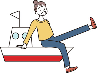 船で旅行をするアジア人女性のイラスト素材